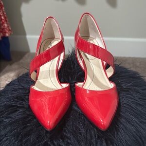 Red Asymmetrical Strap Pointed-Toe Heels